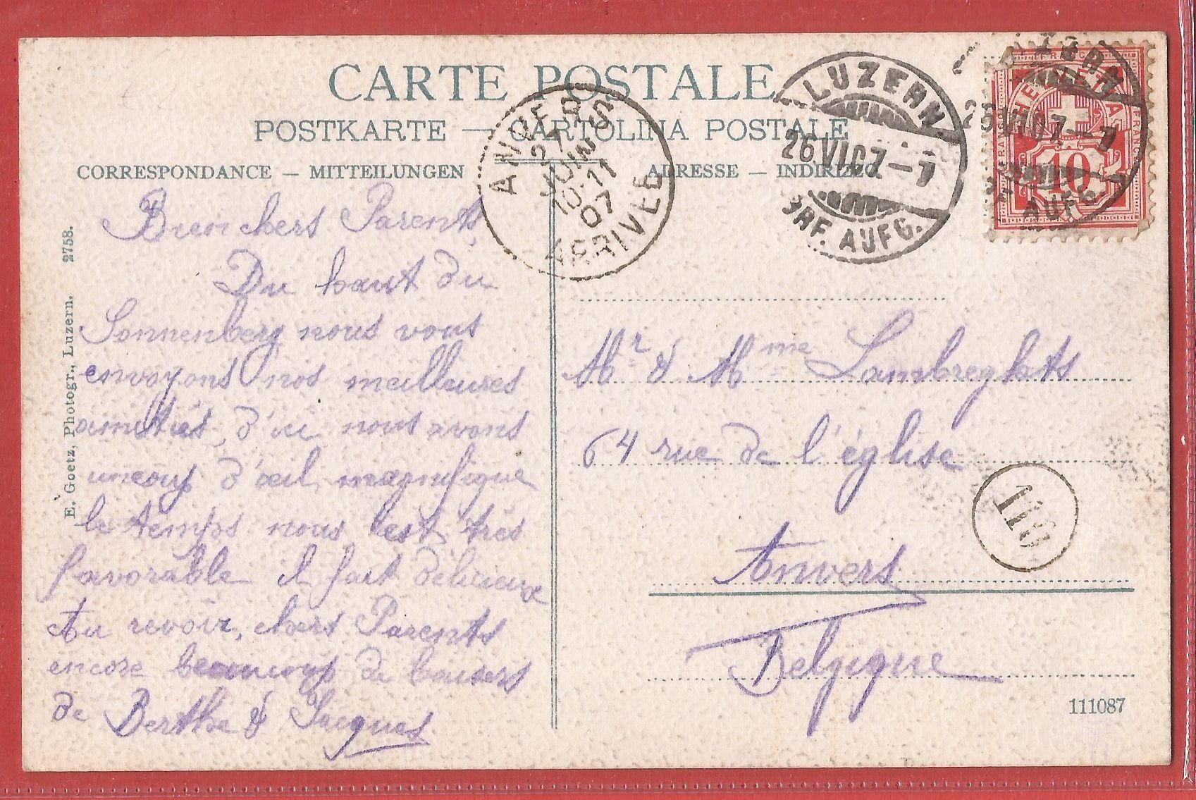 Cartoline postali: Sonnenbergbahn bei Kriens Luzern - 1907 – Usato da Fislisbach venduto da Porano 1
