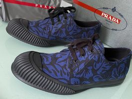 PRADA Baltico Calture Print Blau Stoff Low Sneaker 43.5 NEUE