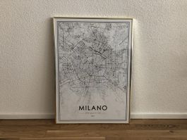Milano Stadtplan-Poster mit goldenem Rahmen – 71x51 cm