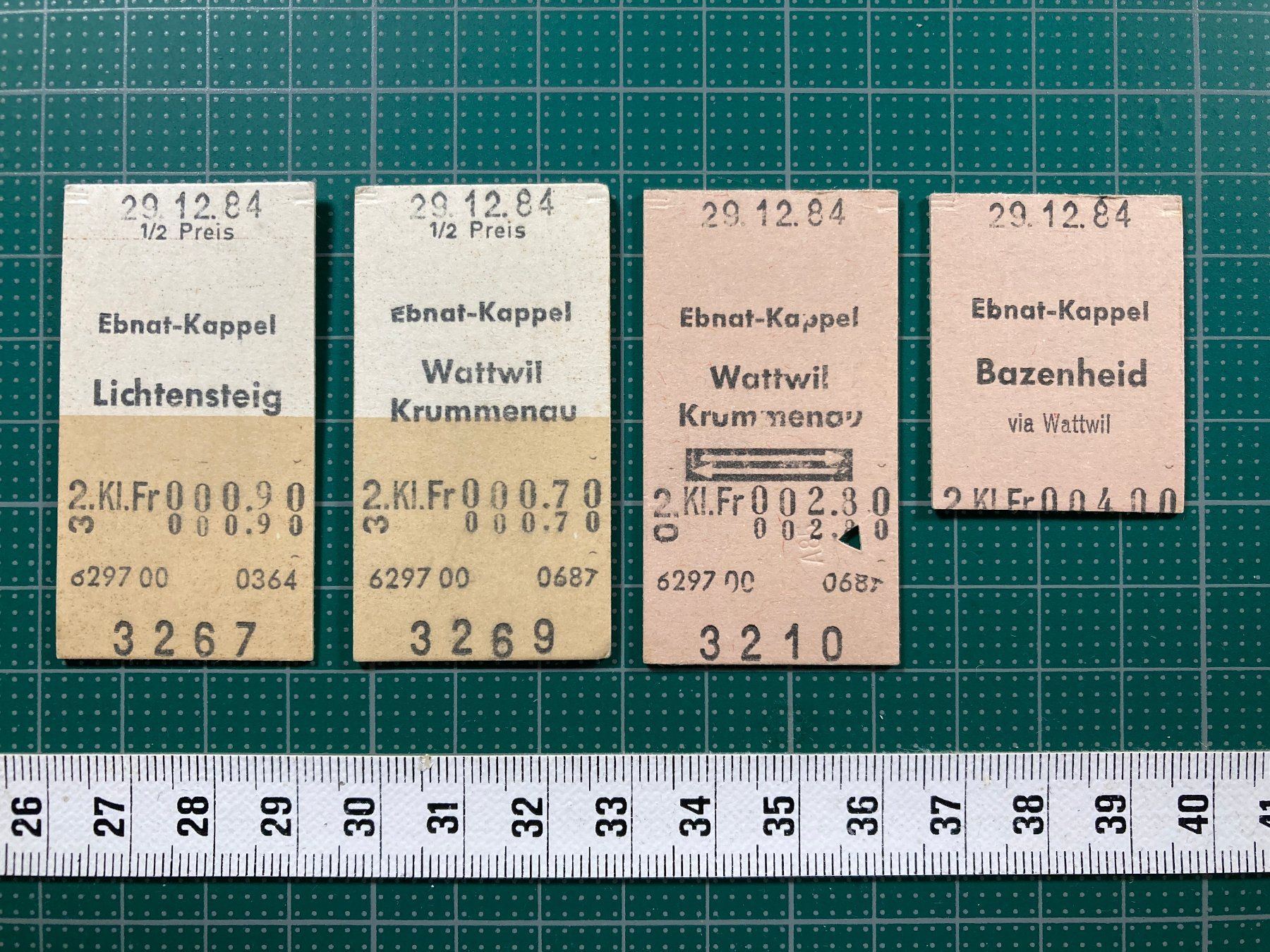 Biglietti: Ab Ebnat-Kappel, 4 Edmondsonsche Bahn Billette, 1984, SBB – Usato da Lenzburg venduto da fh1