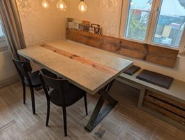 Esstisch+Sitzbank und Leuchte, Betonplatte echt 4mm auf Holz
