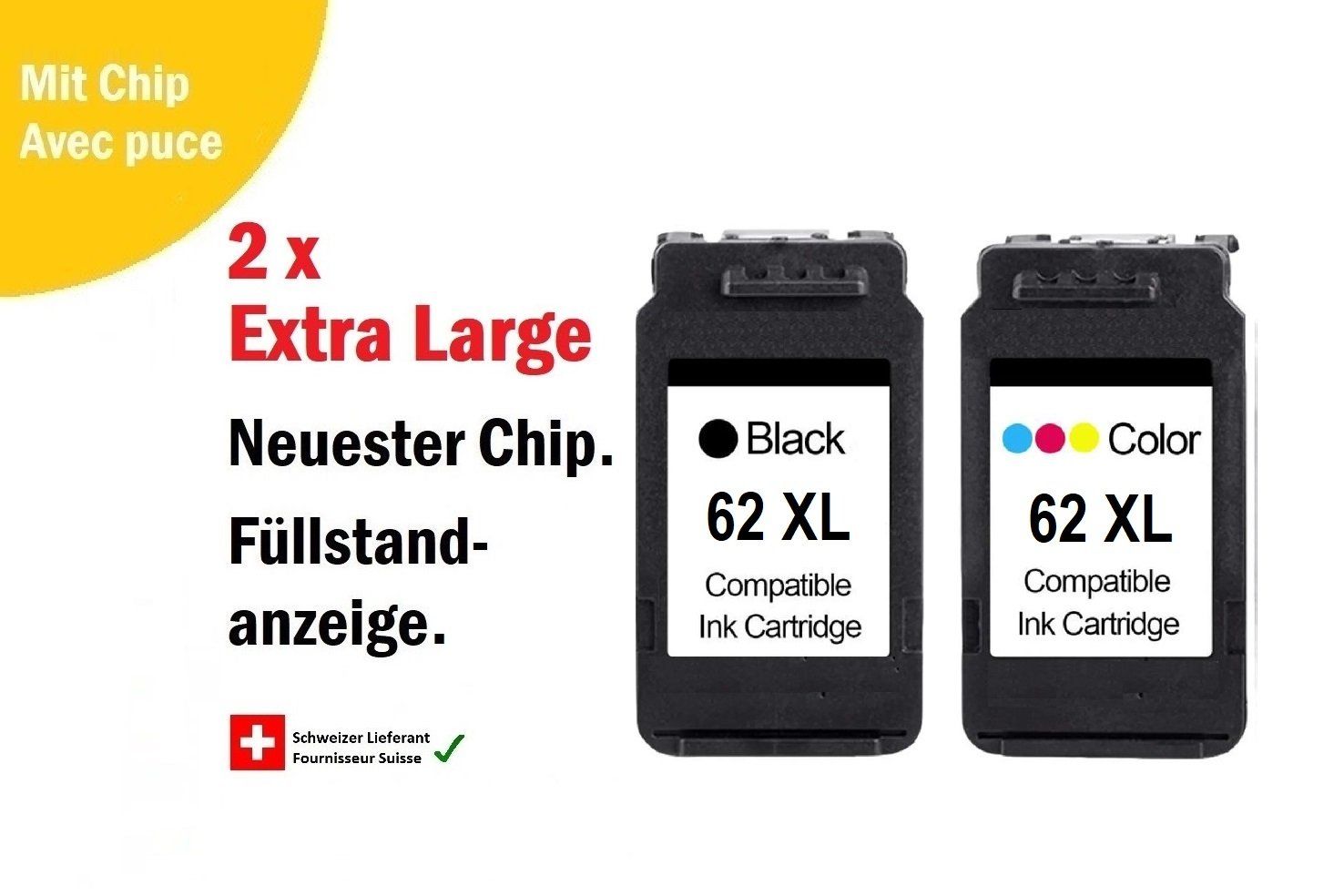 Hewlett Packard Druckerpatronen & Toner: HP-62 XL – Komp. Patronen Refill MIT Füllstandanzeige (1x2) – Neu und originalverpackt aus Hinwil von Sevenshop