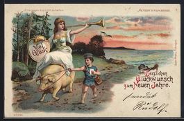 Litho Fanfarenbläserin, Schwein und kle