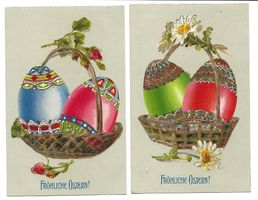 Fröhliche Ostern - 2 Karten - Diverse Eier im Körbchen Litho