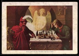 Satan spielt Schach um die Seele des Men