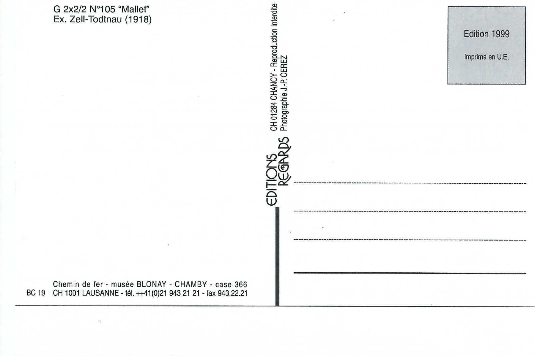 Cartoline postali: Blonay - Chamby, Chemin de fer G 2x2/2 N°105 "Mallet" 1999 – Usato da Thun venduto da 44wart 1