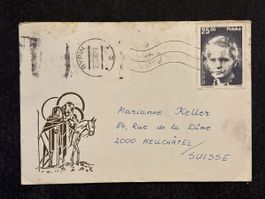 Enveloppe avec timbre Pologne, dessin religieux, adresse Sui