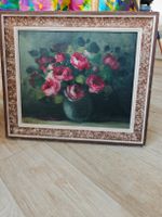 Tableau Huile s/ toile - Bouquet de roses dans un vase Signé