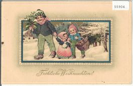 Fröhliche Weihnachten - Kinder im Schnee - Präge-Litho