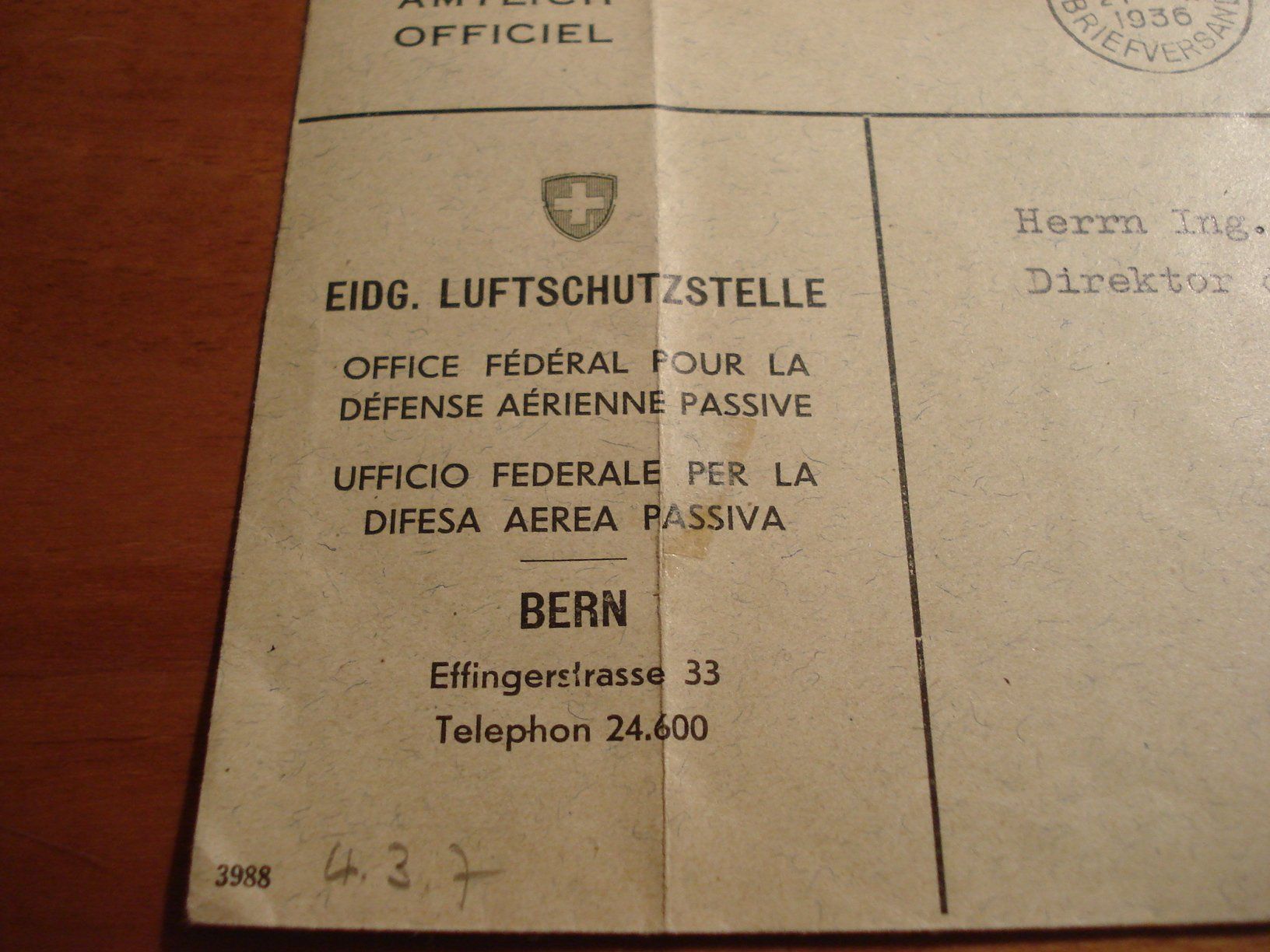 Tutti i francobolli: Brief 1936, amtlich, Eidg. Luftschutzstelle Bern, o Bern – Usato da Niederwil AG venduto da morostahu 2