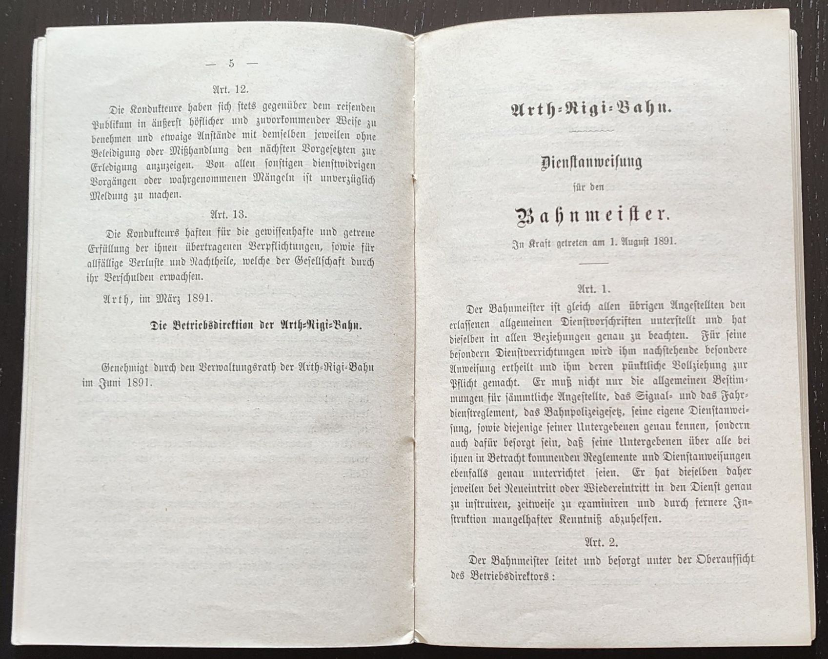 Documenti: ARB Rigi-Bahn Dienstreglement 1891 – Usato da Biberist venduto da Slick 7