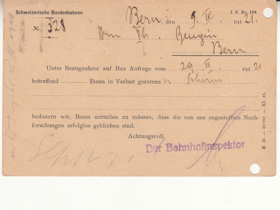 Tutti i francobolli: PK Auskunftsbüro SBB 1921 – Usato da Bürglen TG venduto da StampGraf 1