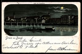 Lithographie Basel, Teilansicht vom Ort bei Nacht