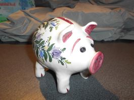 Spardose /  Sparschwein, weiss/Blumenmus