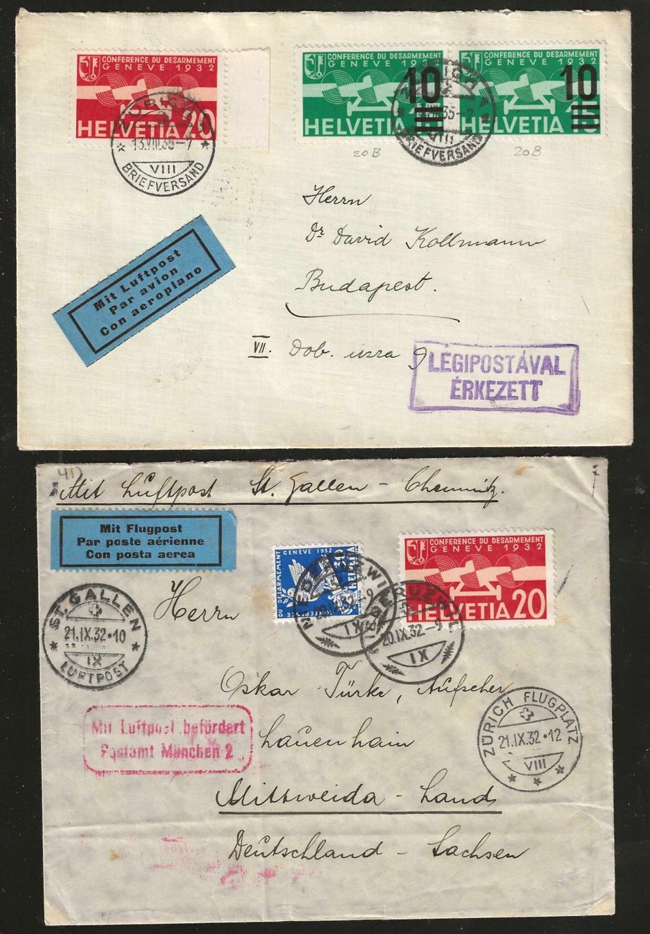 Tutti i francobolli: 1932/35 : 2 Flugpost Briefe ins Ausland – Usato da Gümligen venduto da Geniusbuy