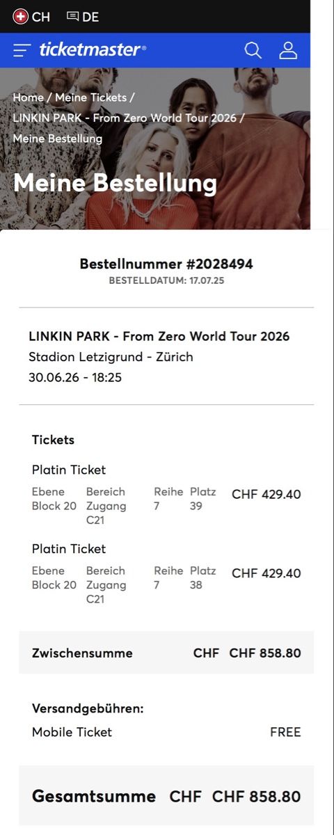 Tickets: 2x Sitzplätze Linkin Park - From Zero World Tour 2026 Ticket – Neu und originalverpackt aus Schaffhausen von Fufl 1