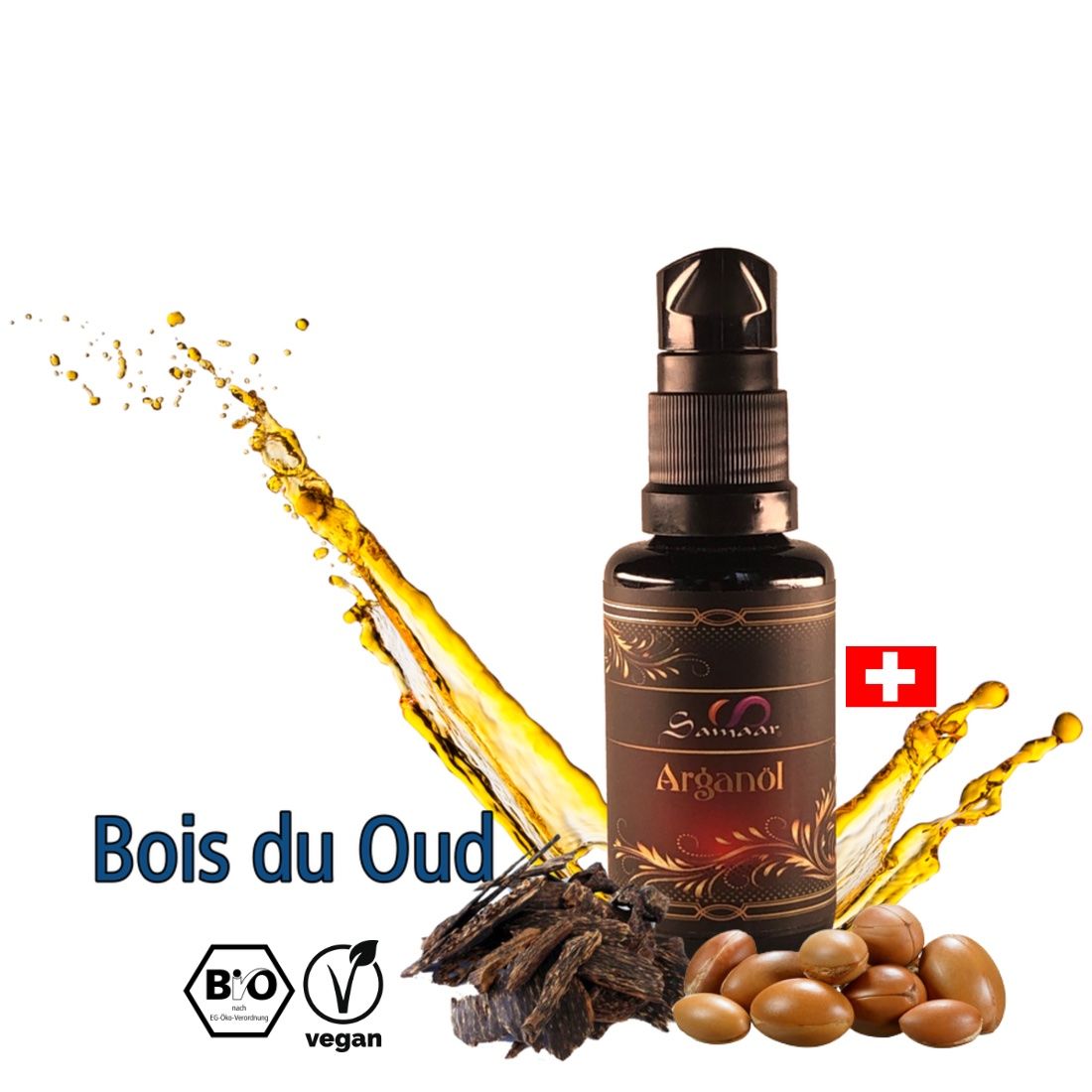 Gesichtspflege: Arganöl mit äth. Öl - Bois d'Oud 30ml – Neu und originalverpackt aus Schiers von Heluma