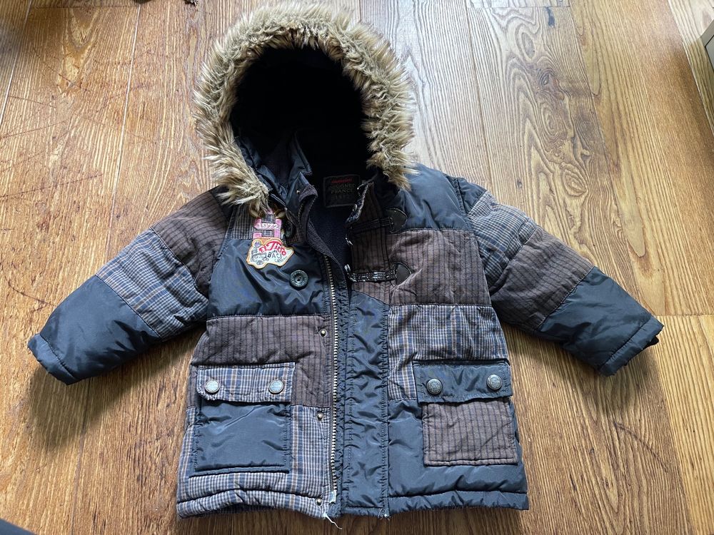 Manteau Doudoune Avec Col En Fourrure Catimini Pour Bébé Garçon - Taille 24 Mois (2 Ans) - Vert Kaki/citron - Occasion Très Bon état
