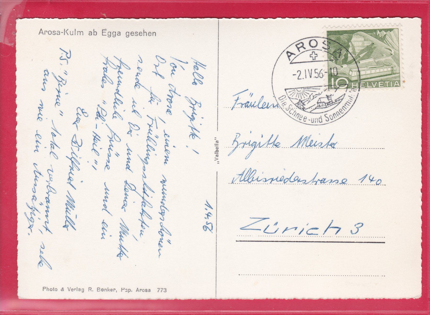 Ansichtskarten: AROSA-KULM AB EGGA GESEHEN, 2.4.1956 – Gebraucht aus Oberrieden von Gebirgsstelze 1