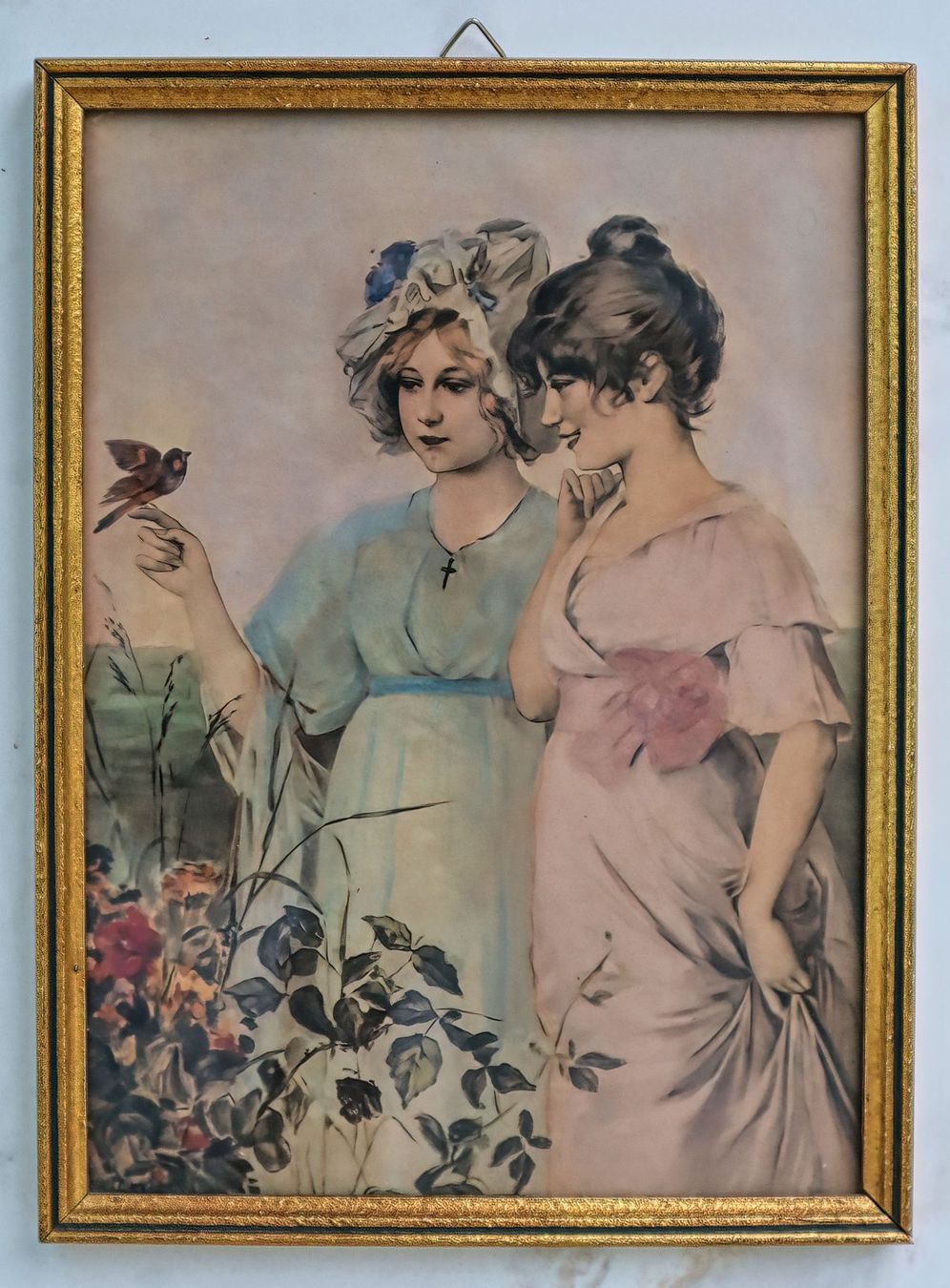Tableaux: 2 Mädchen mit Vogel, Aquarell ca. 1910, in Rahmen – D'occasion à Rotkreuz par Radus24