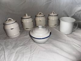Set de pots et bol en émail blanc style ancien et ancien