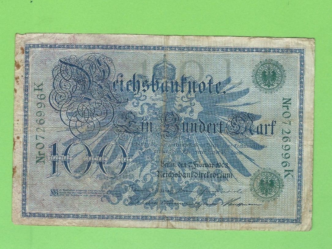 Banconote: 100 Mark Reichsbanknote, 7.Februar 1908 – Usato da Zürich venduto da t24_de 1