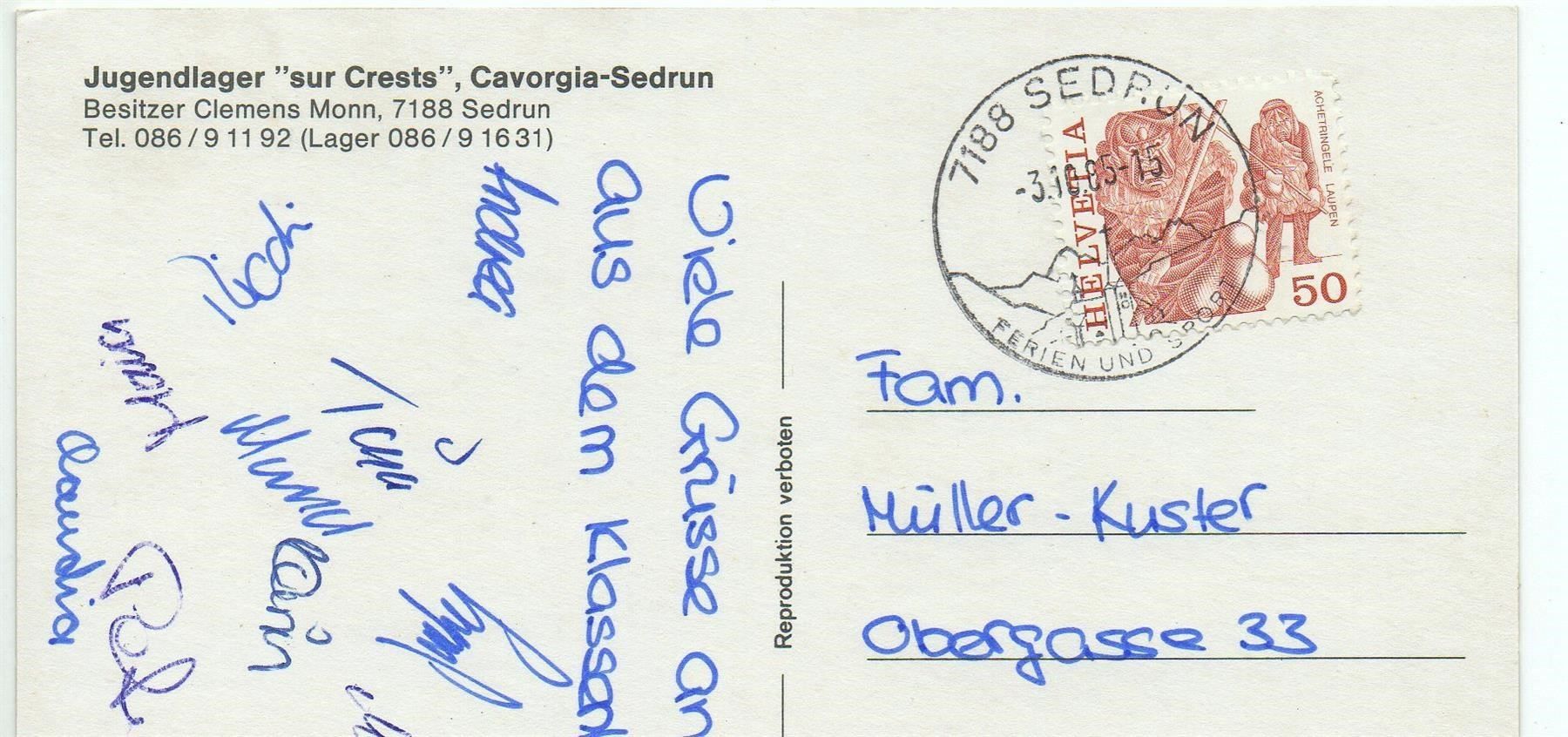 Cartoline postali: CAVORGIA-SEDRUN Jugendlager Sur Crests – Usato da Jona venduto da philajona 1