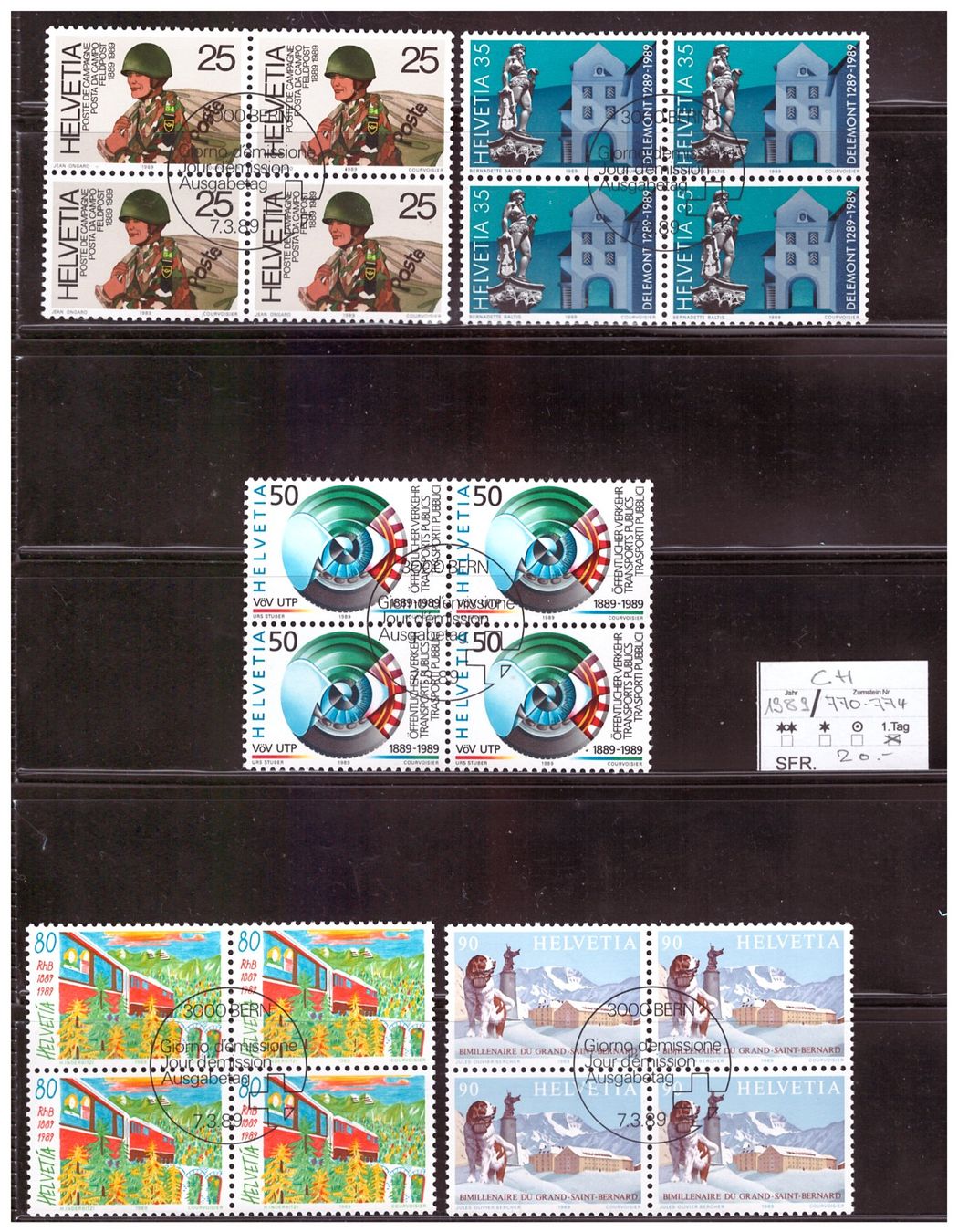 Alle Briefmarken: CH 1989: kompl. Satz Werbemarken l, 4er-Blocks, – Gebraucht aus Wittenwil von Khunruedi