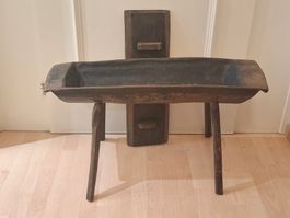 Antike Teigtrog Bank aus Holz mit Deckel Dekor Landhausstil
