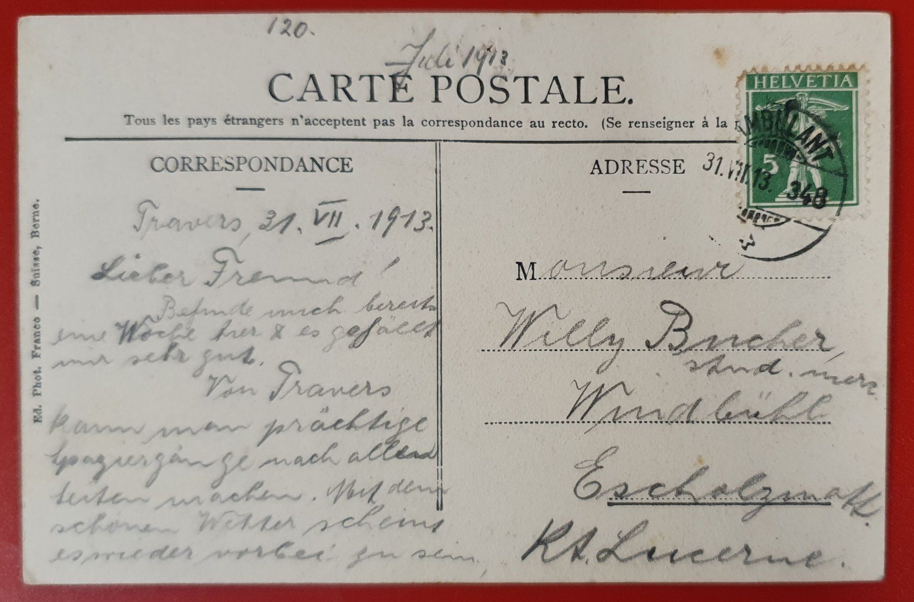 Cartoline postali: Travers - Quartier de la Gare 1913 – Usato da Kreuzlingen venduto da Rschweiz1 1