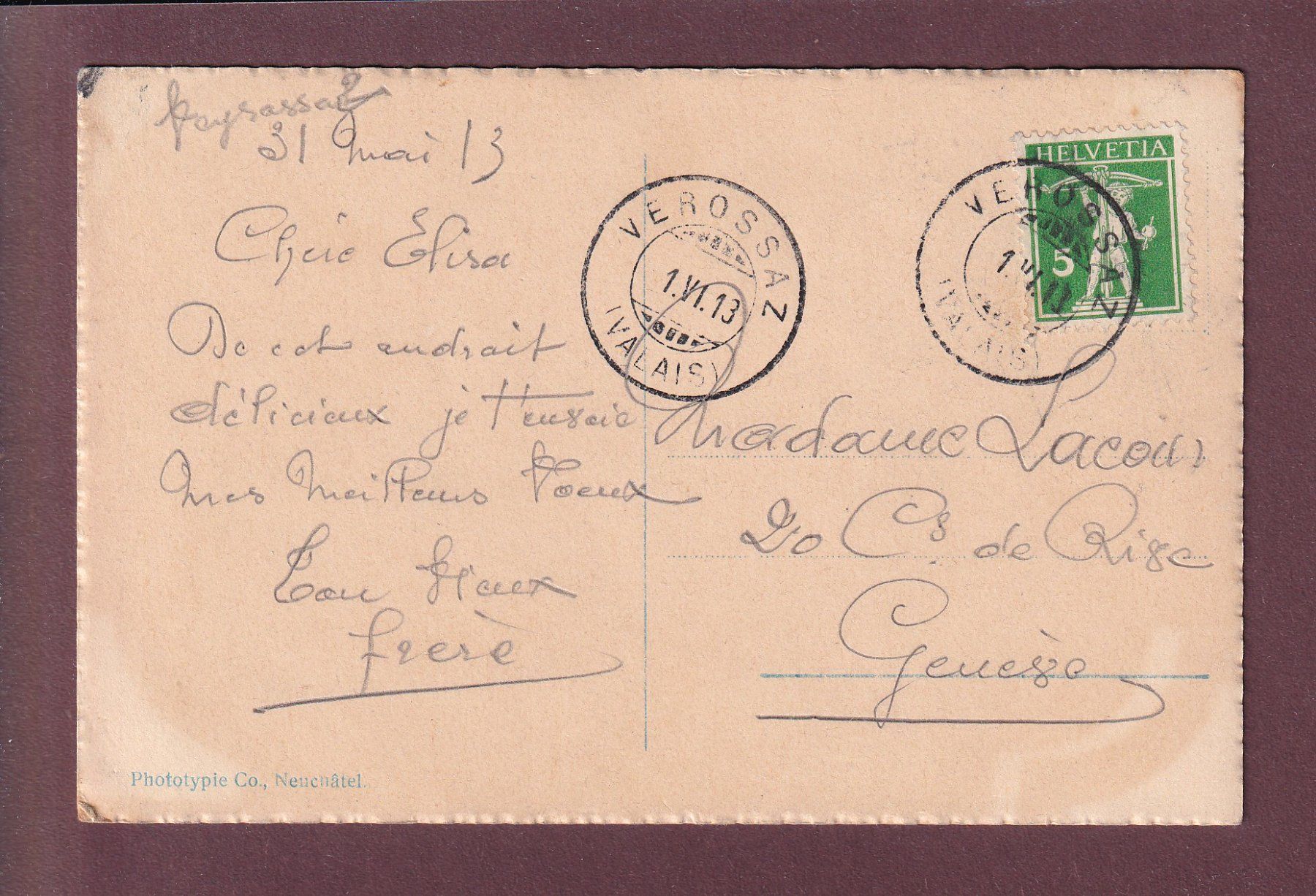 Cartoline postali: VEROSSAZ - Dents de Morcles - 1913 – Usato da Pully venduto da nicecards 1