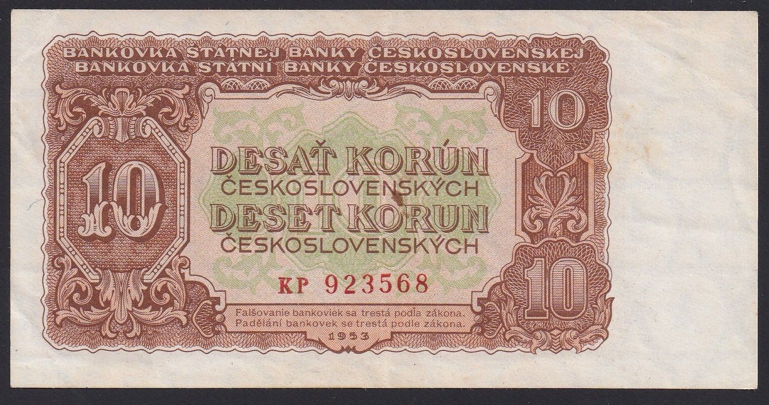 Banconote: Tschechoslowakei 10 Korun 1953 – Usato da Brugg AG venduto da banknoten_muesli