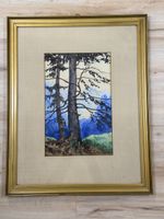 Grosses antikes Aquarell, Waldlandschaft mit Blick auf See