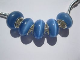 3 Grosslochperlen, Glas Beads Katzenauge mittelblau