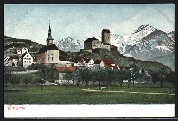 Cartoline postali: AK Sargans, Ortsansicht mit den Alpen – Usato da Berlin venduto da bartko-reher