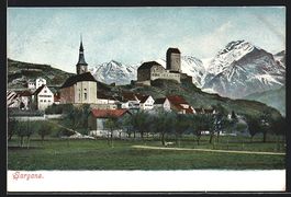 AK Sargans, Ortsansicht mit den Alpen