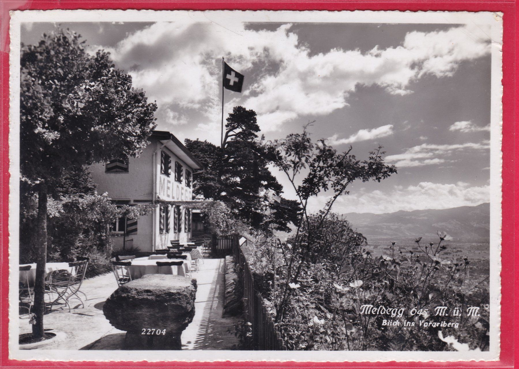 Cartoline postali: RESTAURANT MELDEGG, BLICK INS VORARLBERG, 25.4.1955 – Usato da Oberrieden venduto da Gebirgsstelze