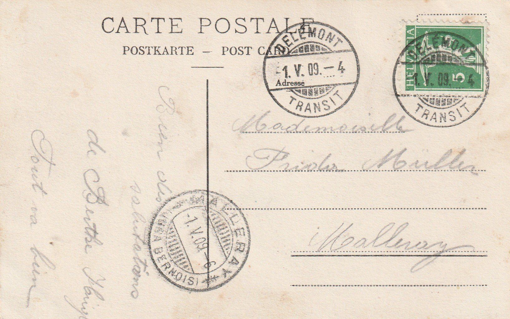 Cartoline postali: AK  Dèlemont  - Avenue de la Sorme 1909 – Usato da Rupperswil venduto da Ema10 1