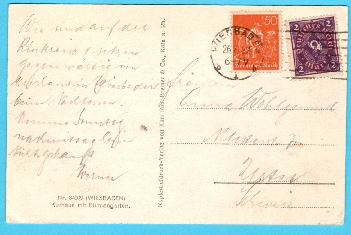 Cartoline postali: Wiesbaden Kurhaus 1922 – Usato da Zürich venduto da Sion2006 1