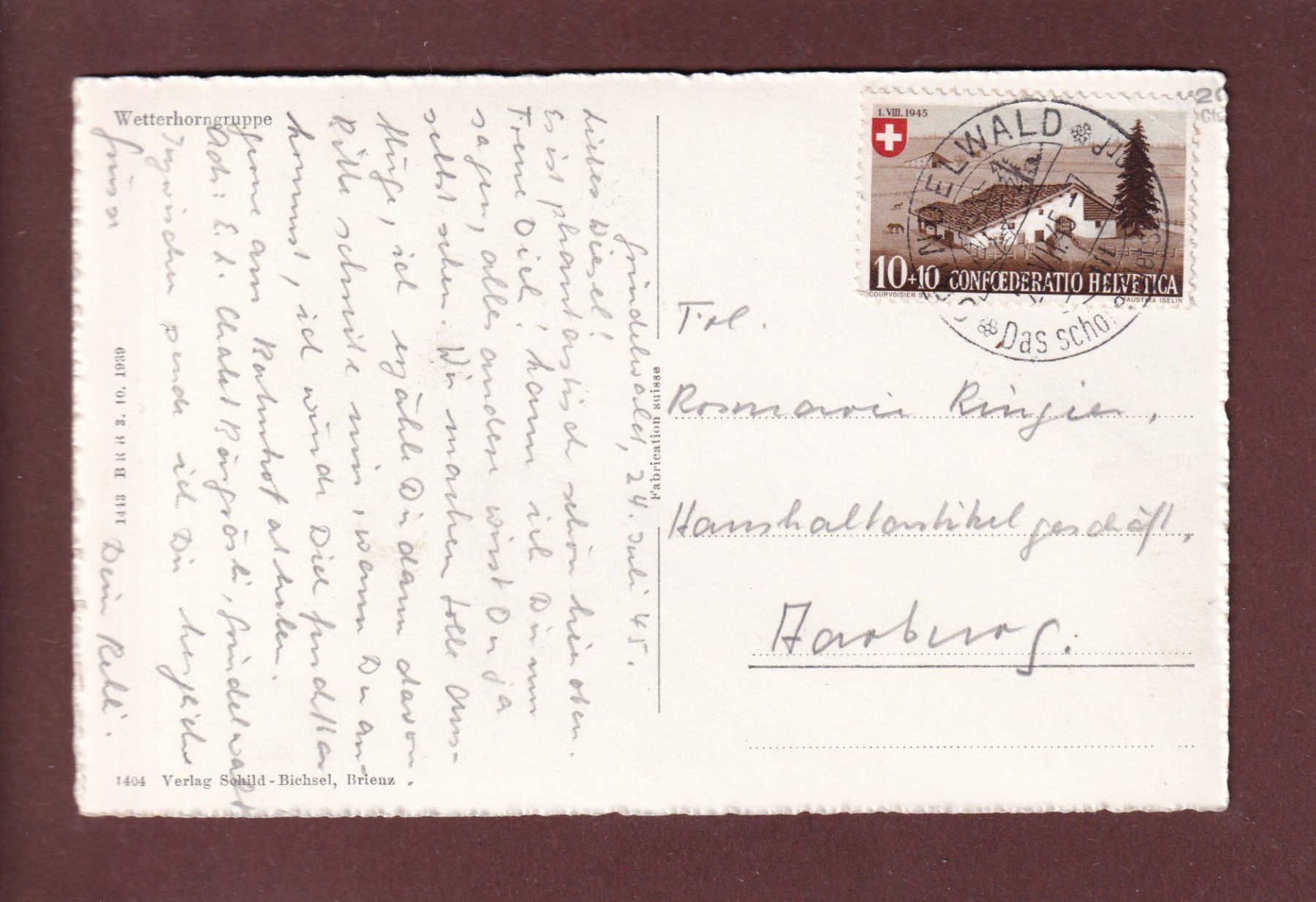 Cartoline postali: WETTERHORN-GRUPPE - 1945 – Usato da Pully venduto da nicecards 1