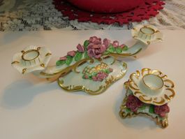Zwei antik Kunst Dresden Doppelkerzenhalter mit Rosen