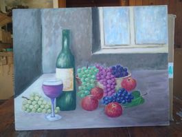 Gemälde Stillleben mit Wein und Trauben 45x35cm handgemalt