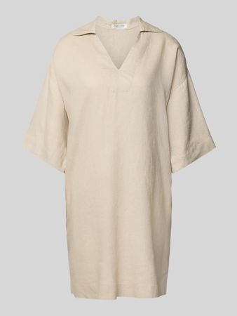 Knielanges Leinenkleid mit V-Ausschnitt beige, Grösse 44
