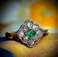 Antik Edwardianischer Smaragd-Diamant-Cluster-Ring,PT950/18K