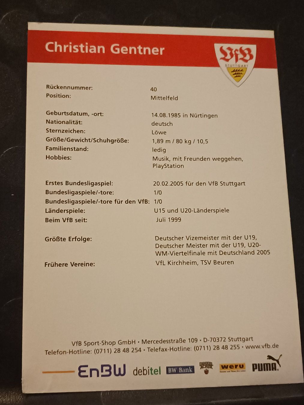Autografi: Christian Gentner - VfB Stuttgart - Handsigniert – Usato da Menziken venduto da Artographs 1