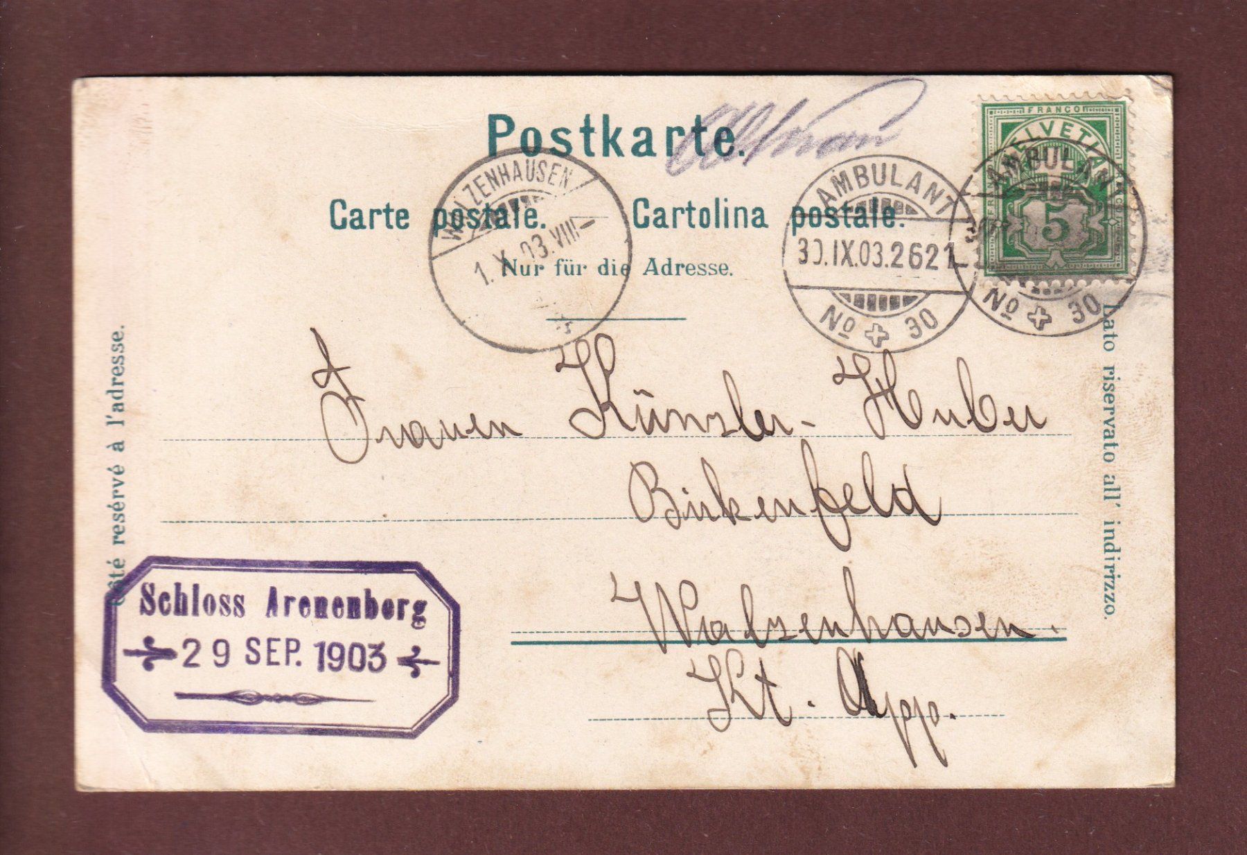 Cartoline postali: SCHLOSS ARENEBERG - 1903 – Usato da Pully venduto da nicecards 1