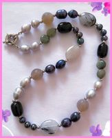 ECHTE PERLENKETTE MIT STEINEN TURMALINQUARZ ONYX ACHAT