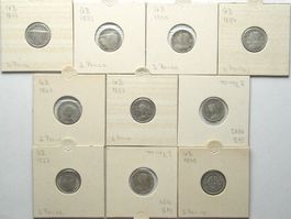 GROSSBRITANNIEN Sammlung 10 Silbermünzen 3 Pence 1861-1940