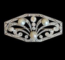 Art-Déco Brosche Platin 122 Diamanten 3 Perlen (Zertifikat)