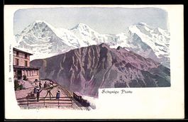 Künstler-AK Schynige Platte, Hotelterrasse mit Gästen und Ba